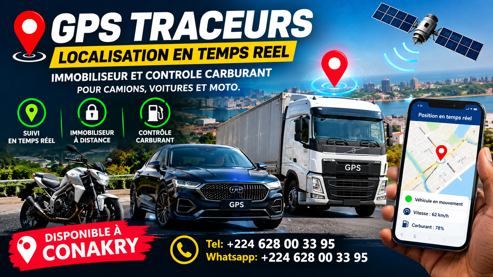 GPS Traceurs Localisation en Temps Reel Camions, Voitures et Moto. Disponible a Conakry